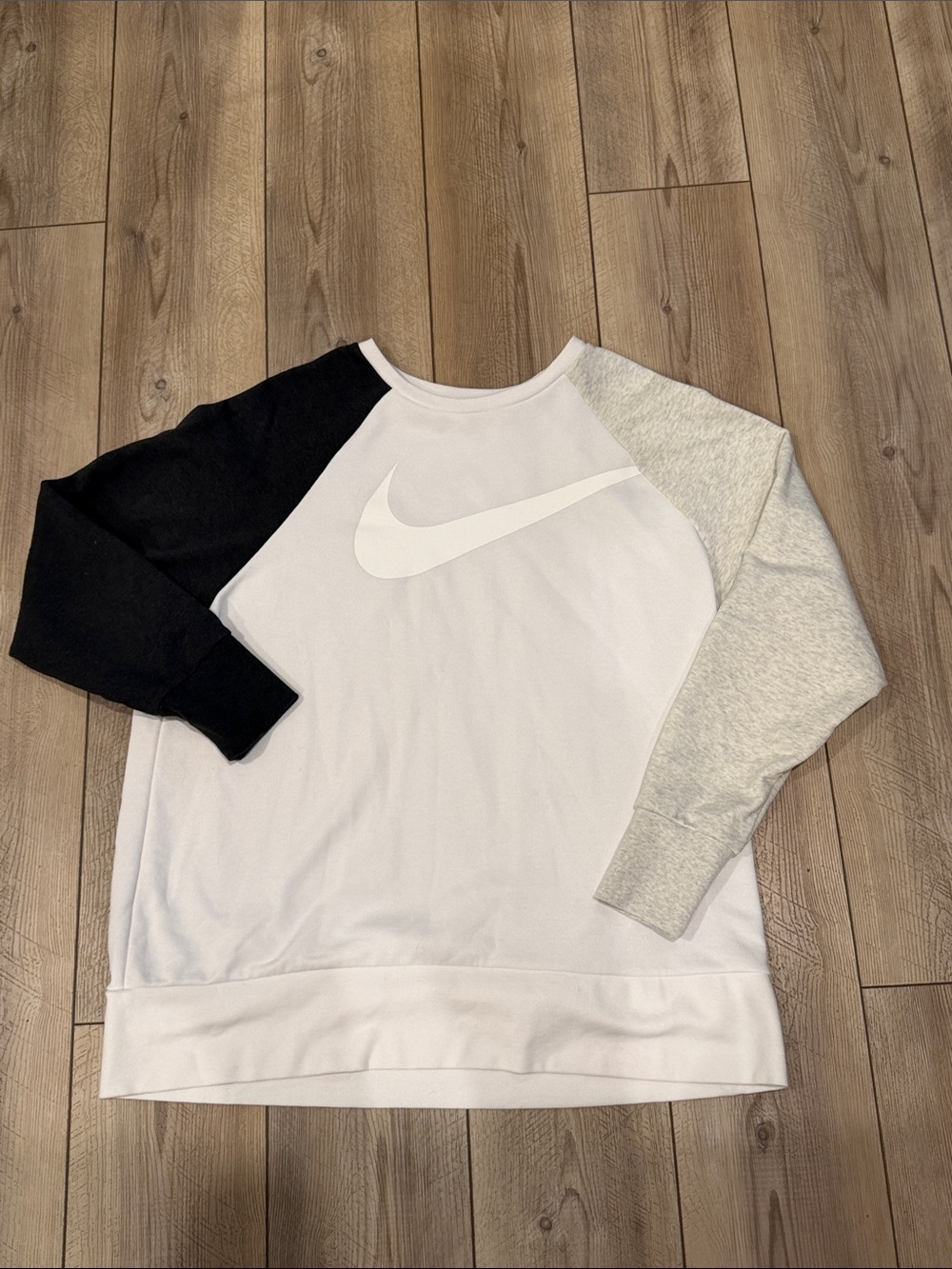 Nike White Crewneck Sweatshirt with Black and Light Gray Raglan Sleeves